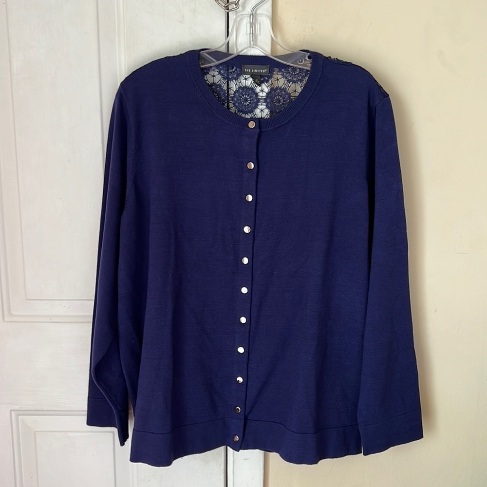 The Limited Navy Blue Button Down Cardigan with Crochet‎ Back Detail Size 2X